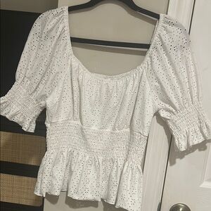White Eyelet Smocked Peplum Top - Women